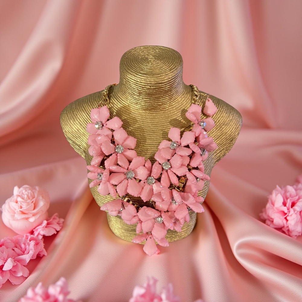 B048  Pink FloralLuxe  Necklace & Earring Set Petal Design Jewelry BUNDLE & SAVE